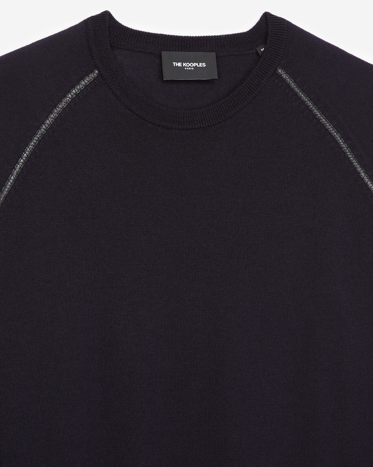 The Kooples HOMME DARK NAVY pull laine bleu marine à détail cuir