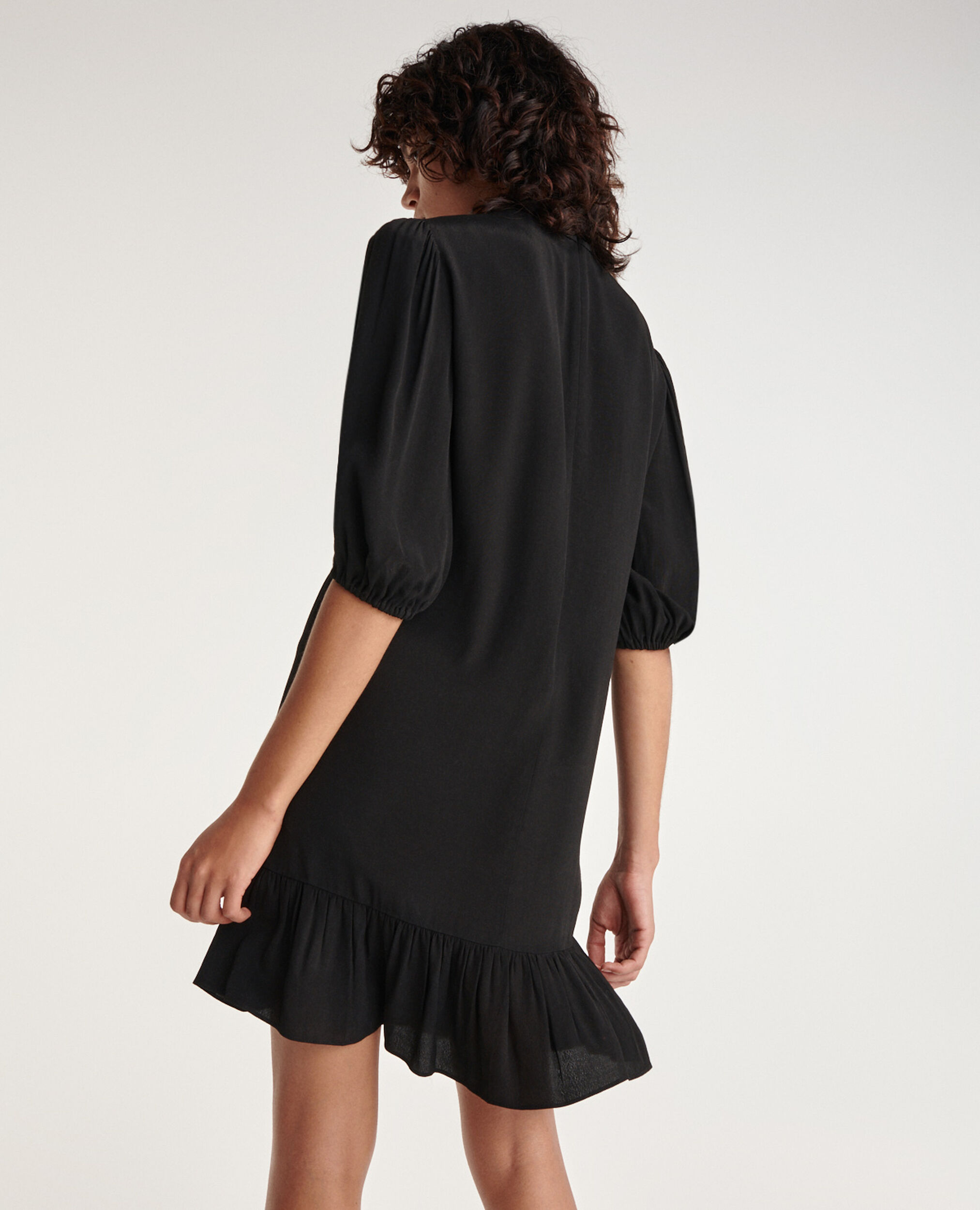 Short black dress with frills and high neck, BLACK, hi-res image number null