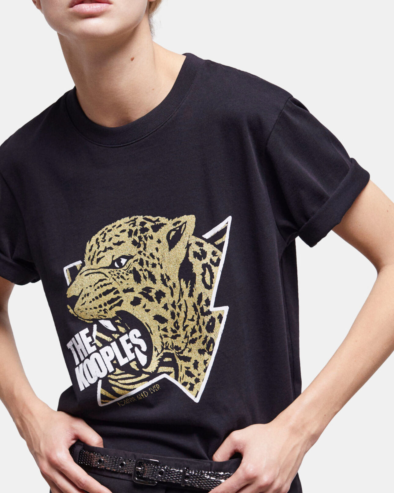 The Kooples WOMEN BLACK-ANTIC GOLD women's t-shirt with a tiger screen print
