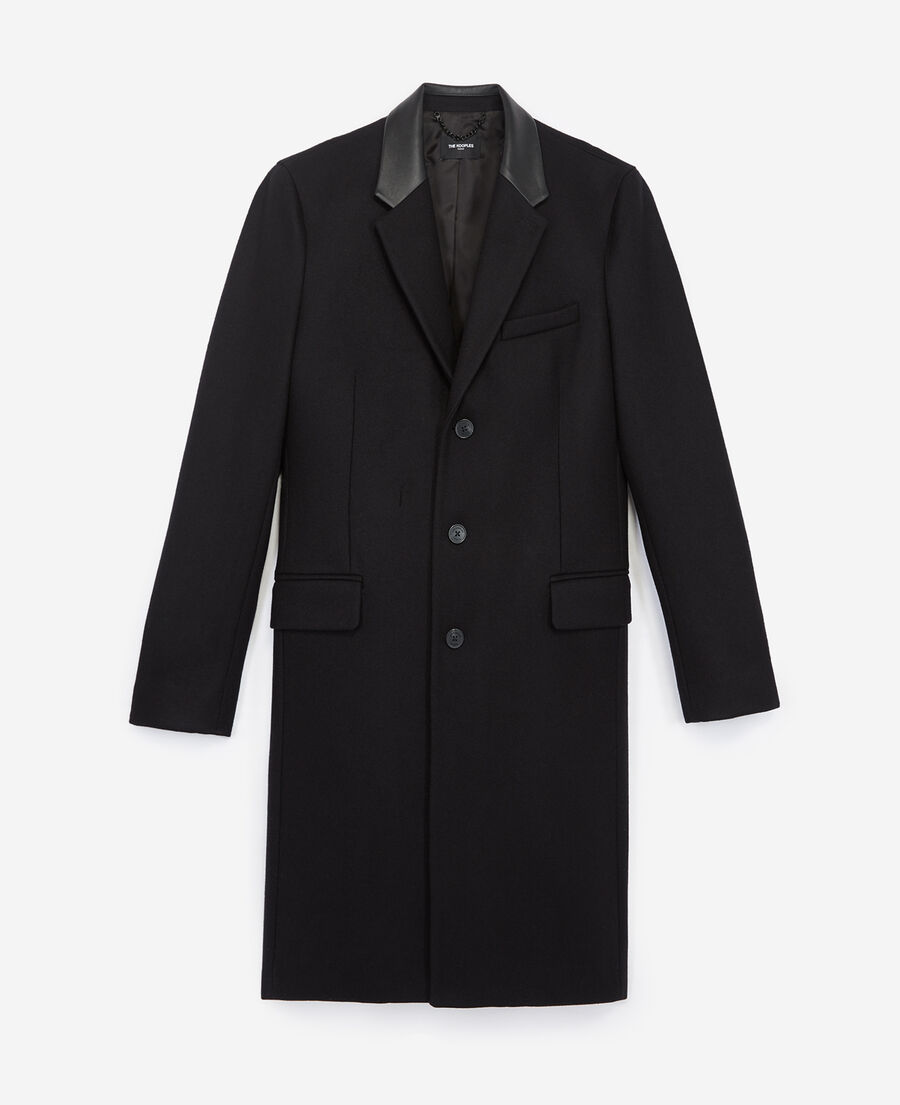 Long black wool coat w/leather lapel collar | The Kooples - US