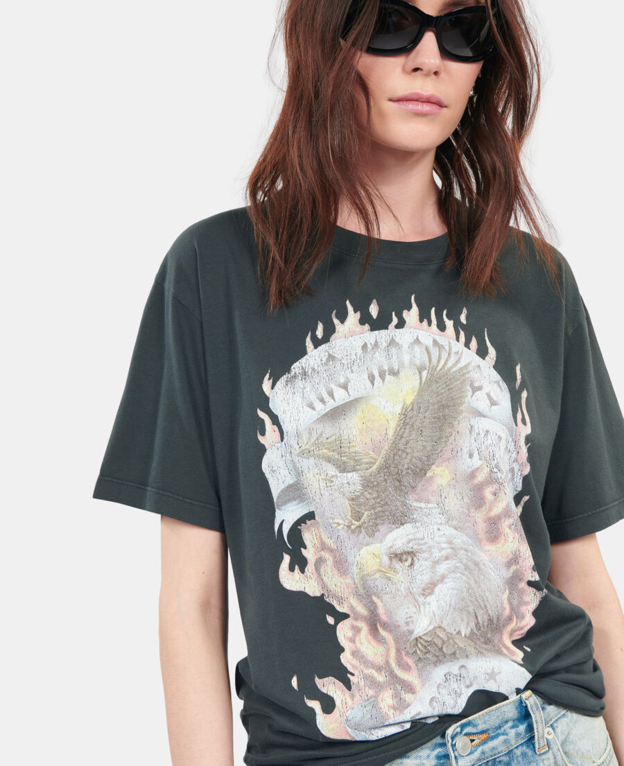 The Kooples F BLACK WASHED black eagles on fire serigraphy t-shirt