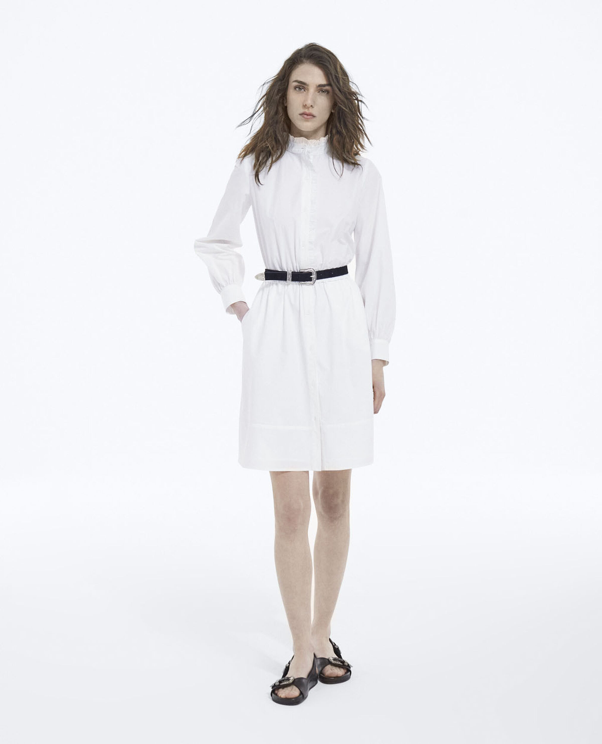 Weißes Kleid aus Baumwolle mit Stehkragen, WHITE, hi-res image number null