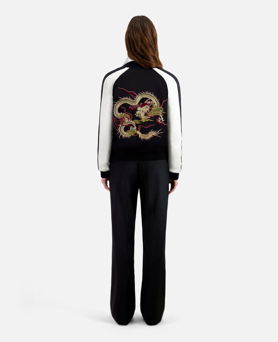 black and white satin jacket with dragon embroidery