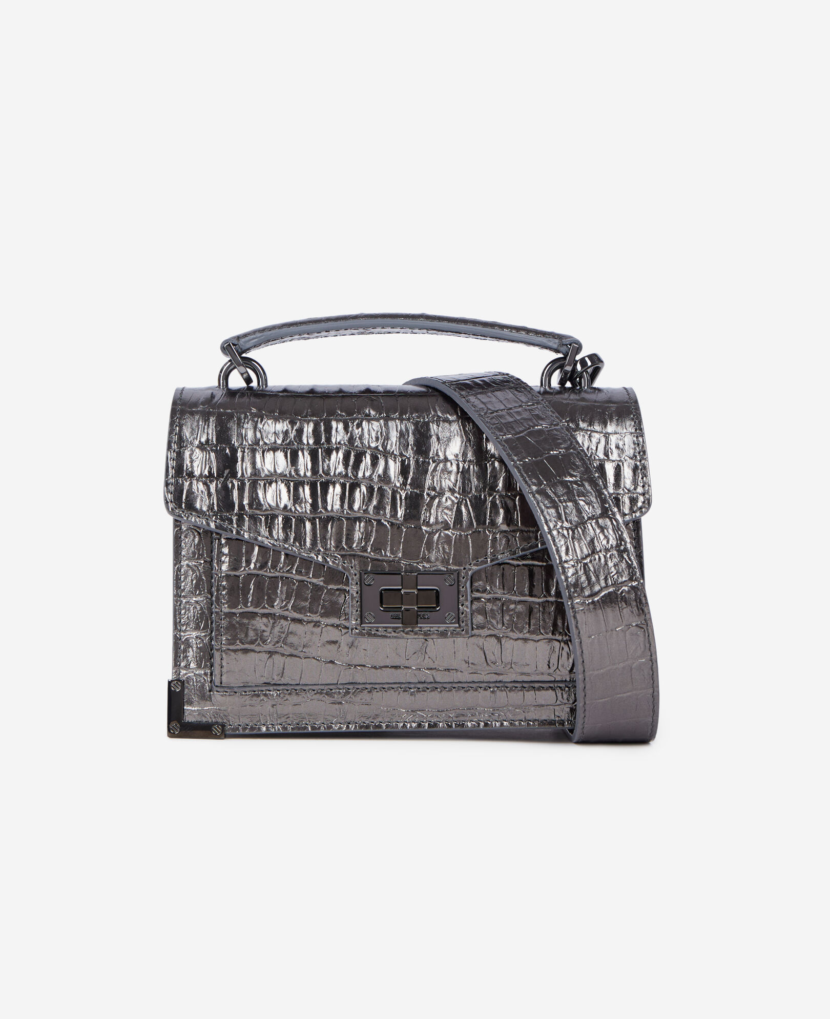 The Kooples WOMEN GUN METAL SILVER emily small bag in gunmetal crocodile-effect leather