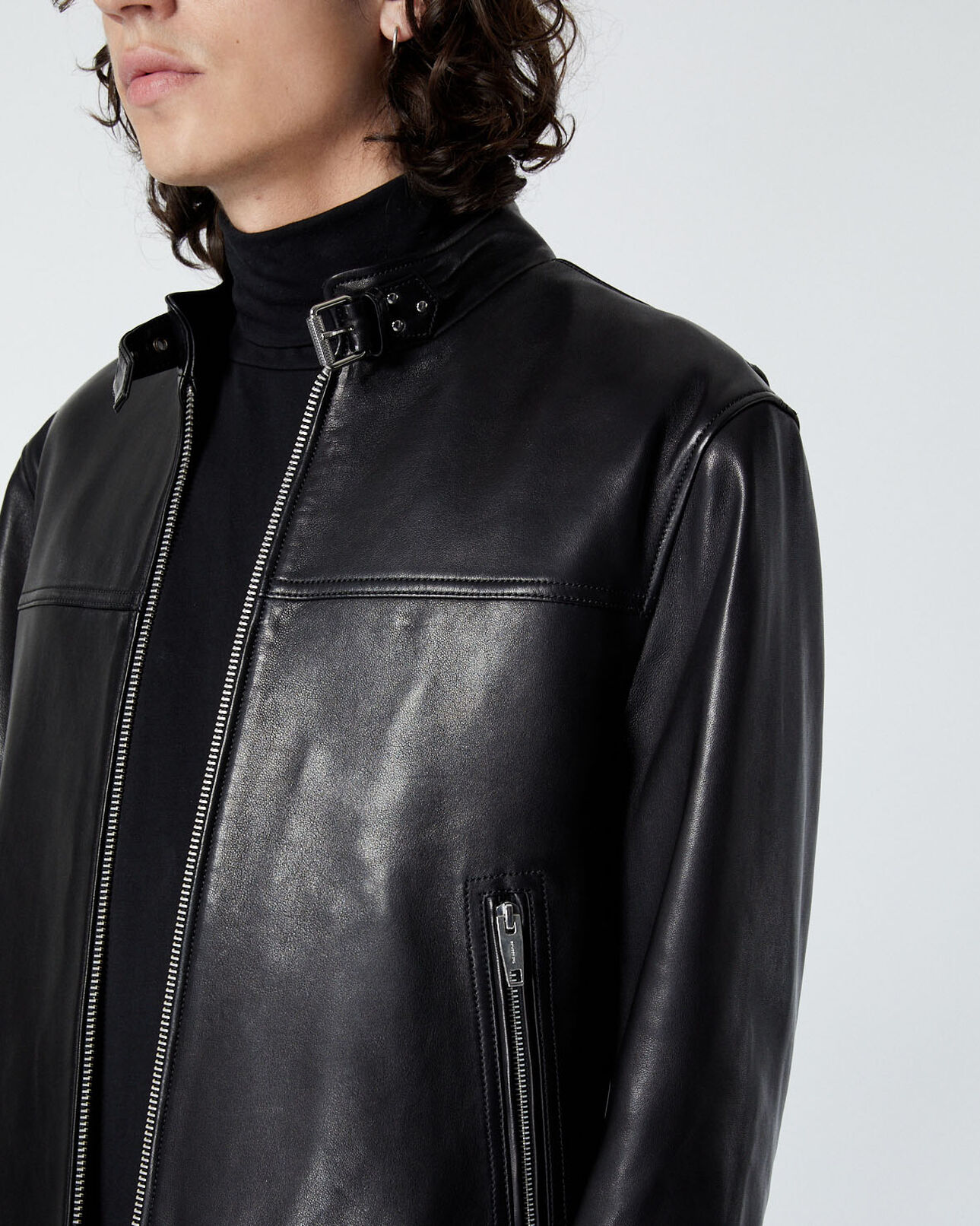 The Kooples MEN BLACK black leather jacket with biker collar