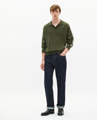 The Kooples MEN GREEN polo neck wool sweater with contrasting khaki stripes