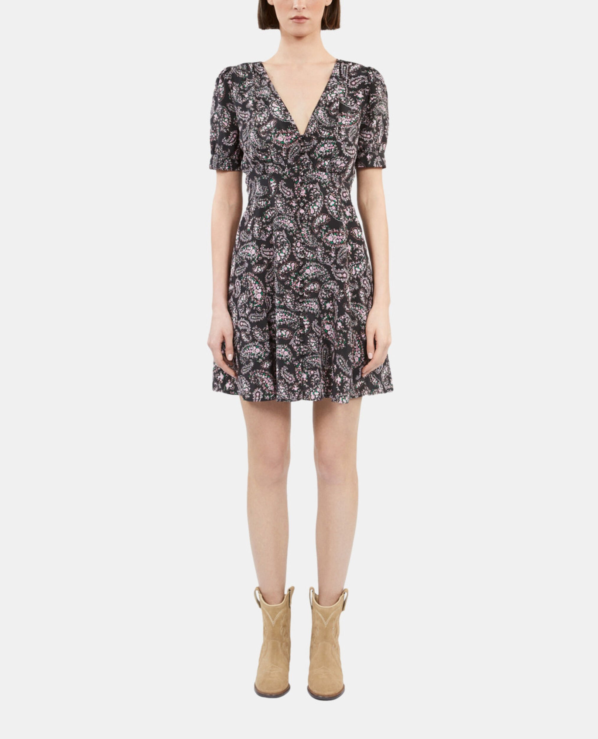 Robe courte imprimée avec boutonnage en soie, BLACK / PINK, hi-res image number null