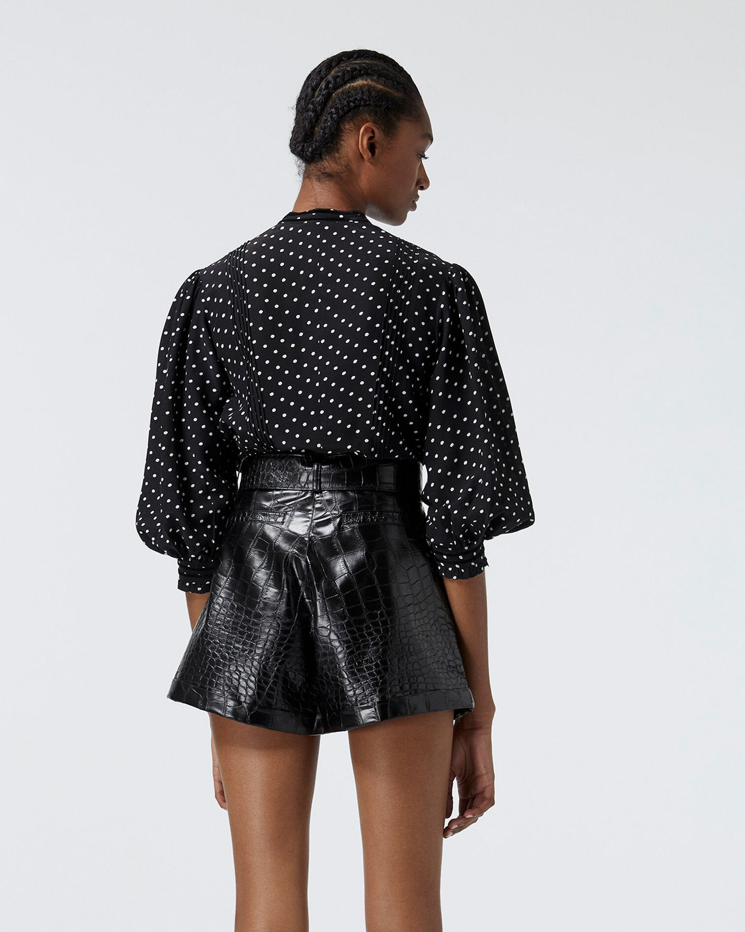 Flowing fabric black top w/white polka dots, BLACK-ECRU, hi-res image number null