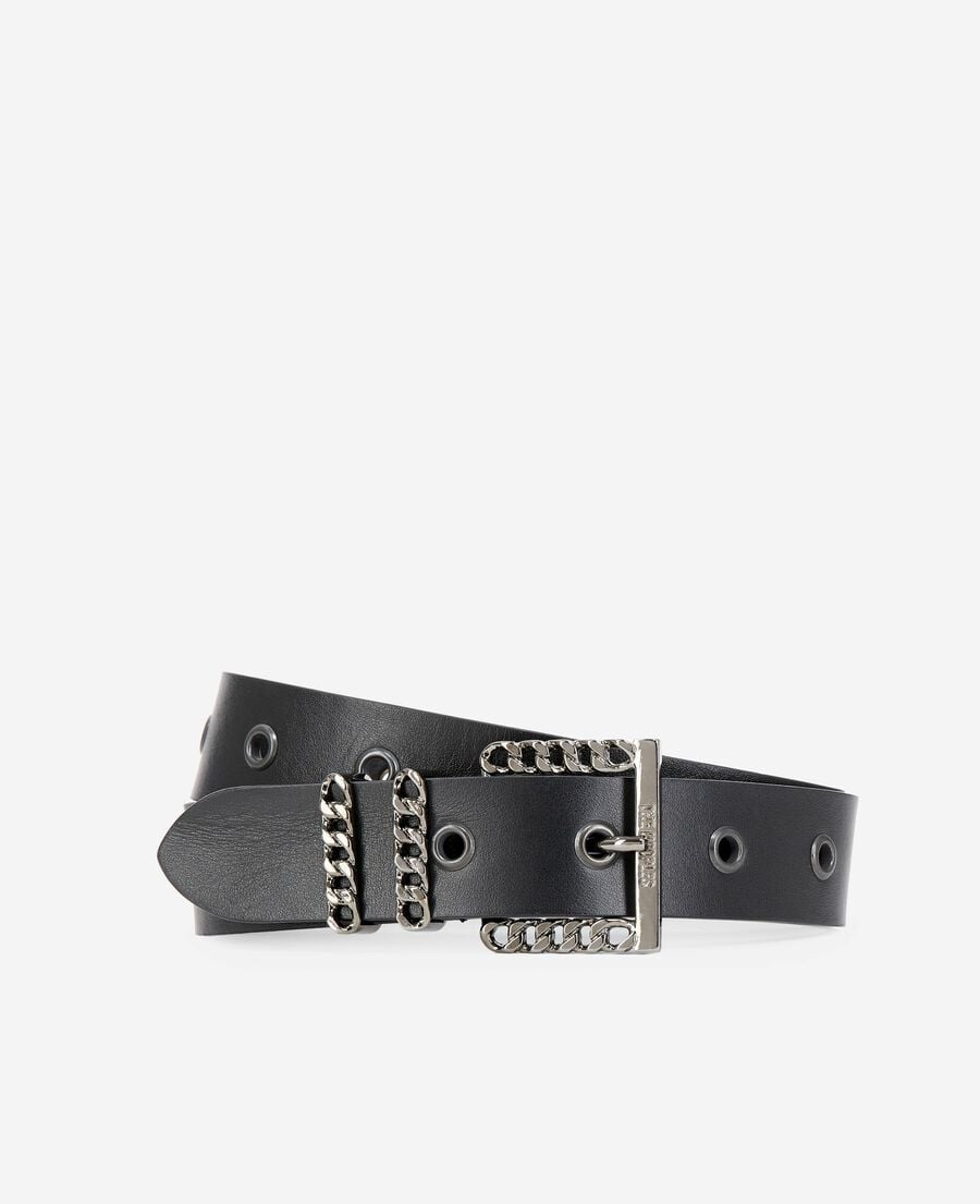 The Kooples WOMEN BLACK leather belt with black chain buckle