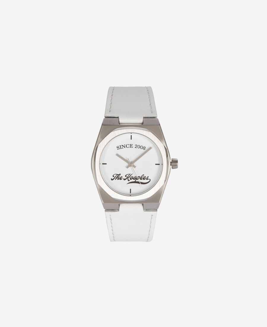 The Kooples M SILVER watch with logo and white leather strap