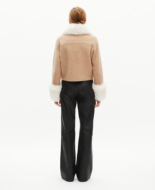 The Kooples MUJER BEIGE LINEN chaqueta beige con cuello de sherpa