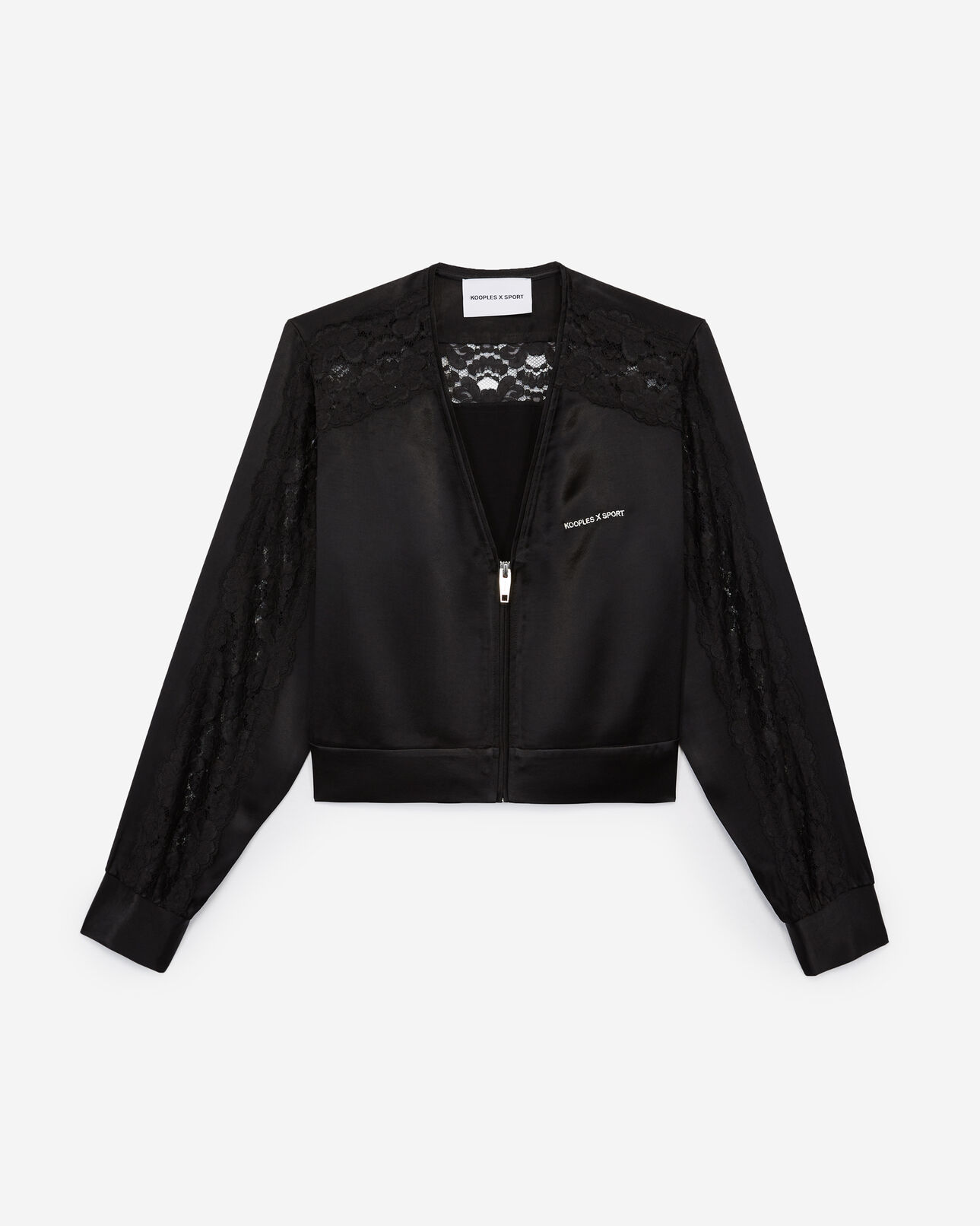 The Kooples MUJER BLACK chaqueta satén negra cremallera encaje