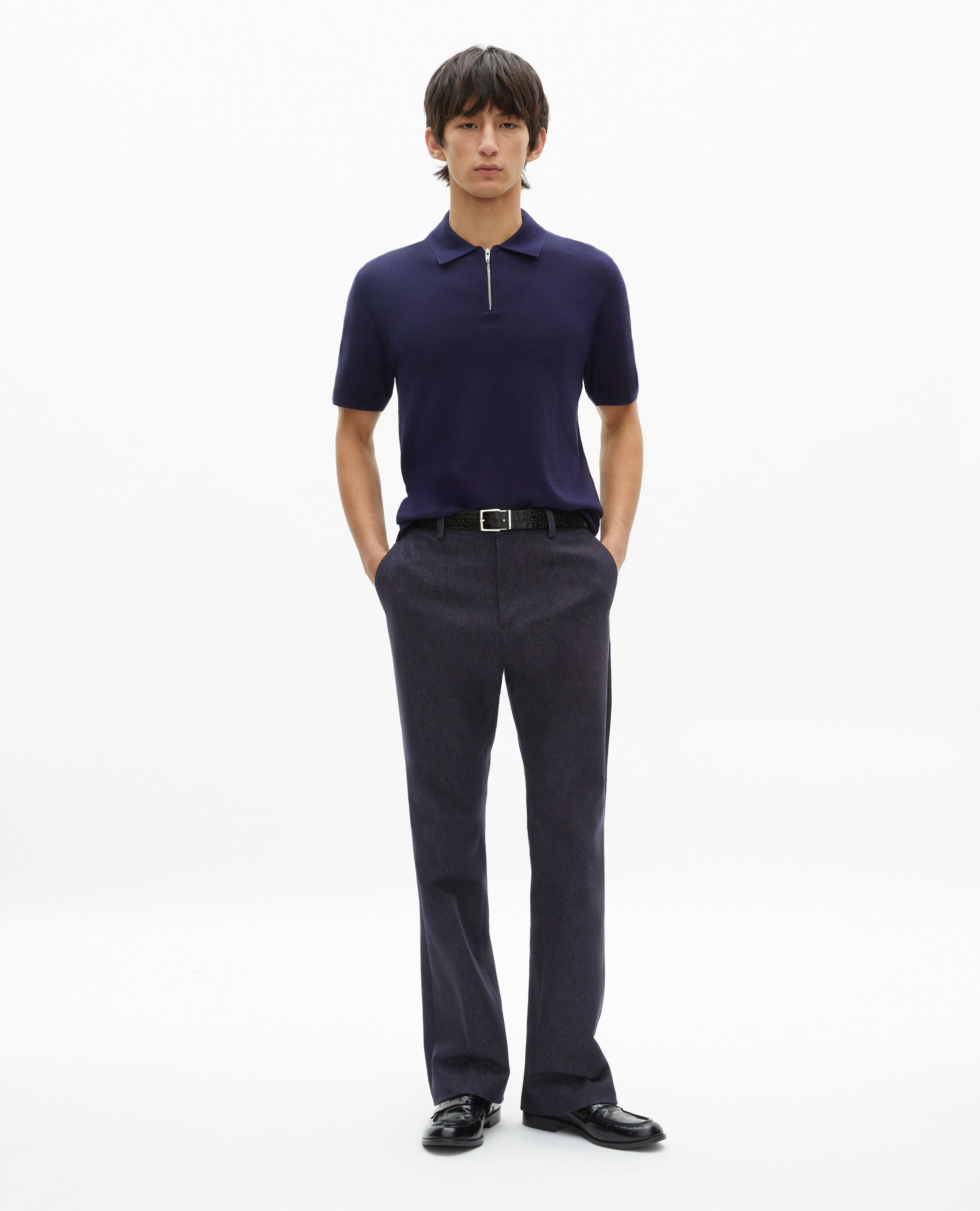 Navy blue zip-neck mesh polo shirt, NAVY, hi-res image number null