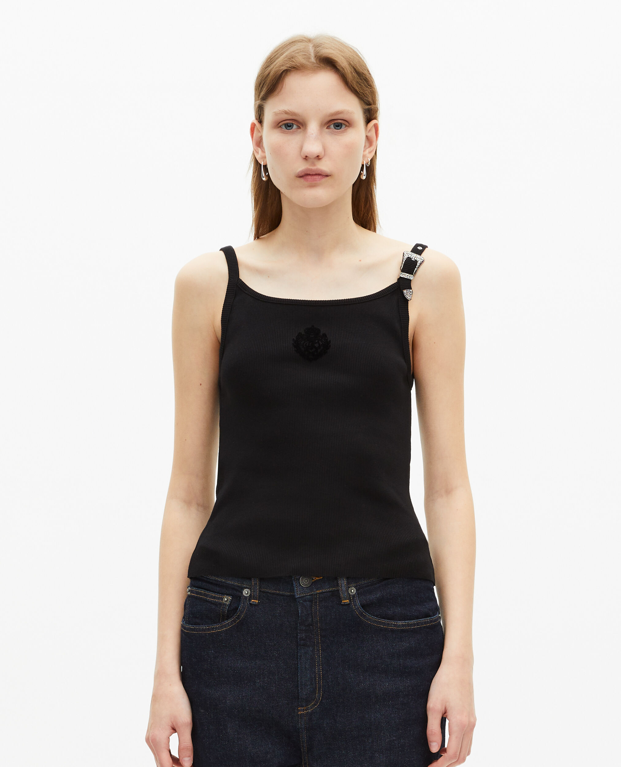 Black ribbed tank top, BLACK, hi-res image number null