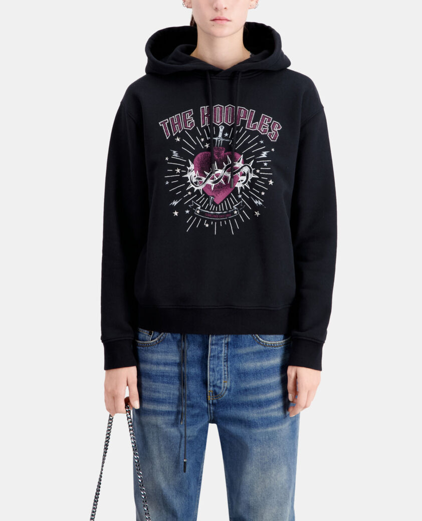 The Kooples WOMEN BLACK WASHED women's black hoodie with dagger through heart serigraphy