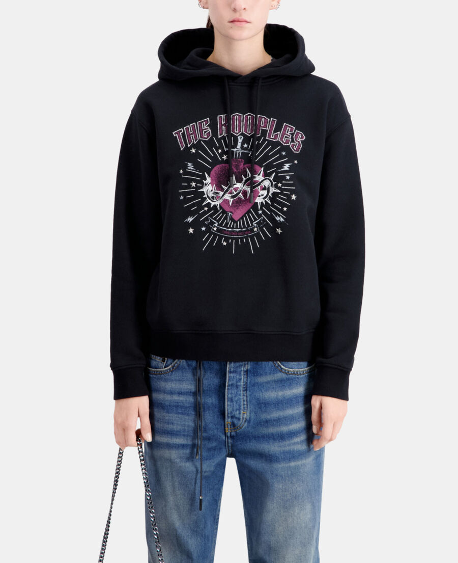 The Kooples FEMME BLACK WASHED sweatshirt femme noir à capuche avec sérigraphie dagger through heart
