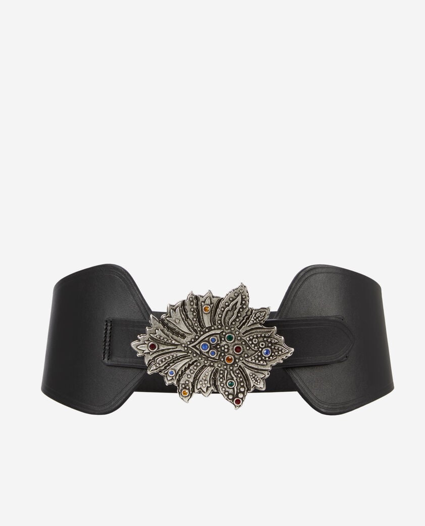 The Kooples WOMEN BLACK wide black leather belt with flower buckle