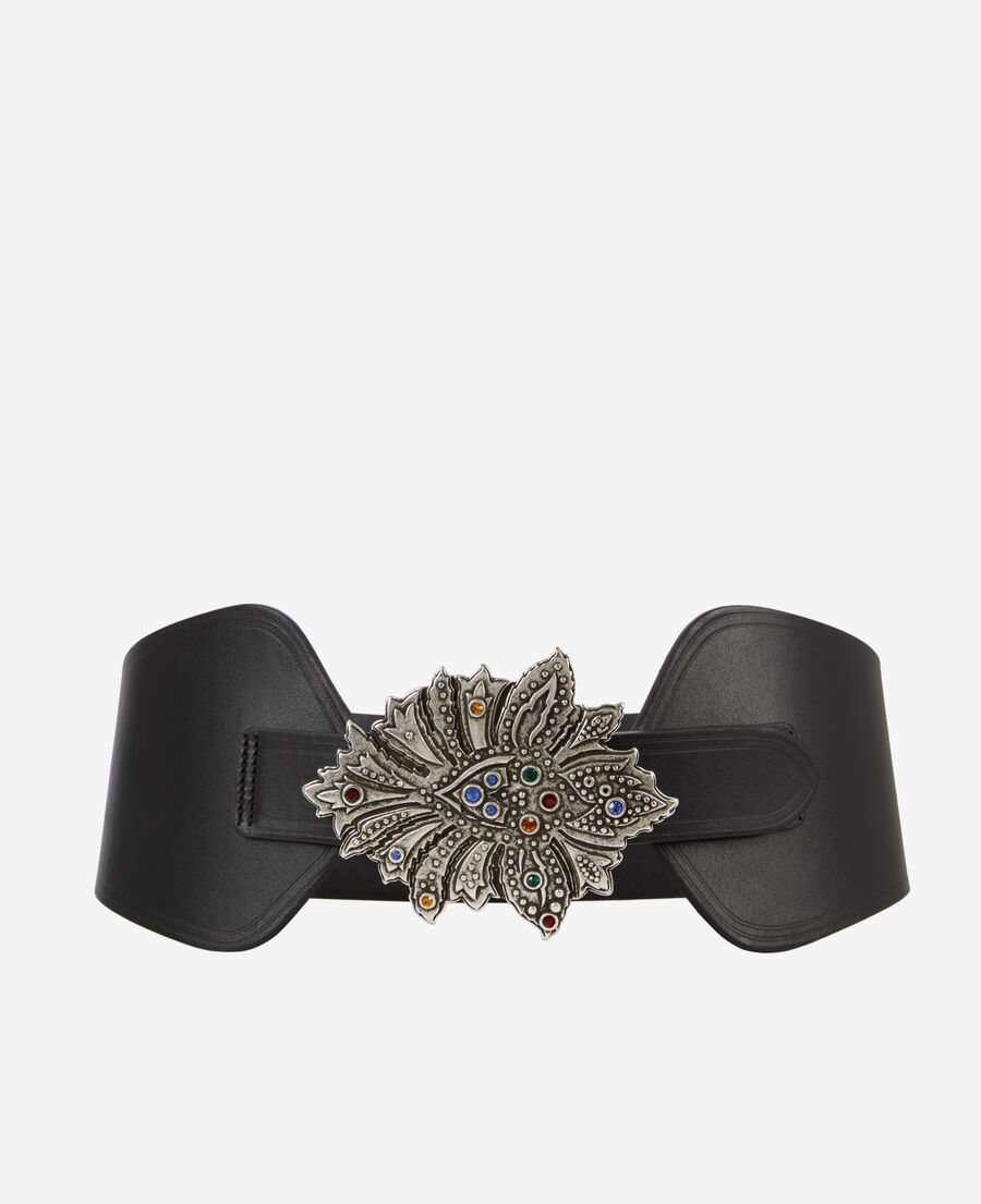 The Kooples WOMEN BLACK wide black leather belt with flower buckle