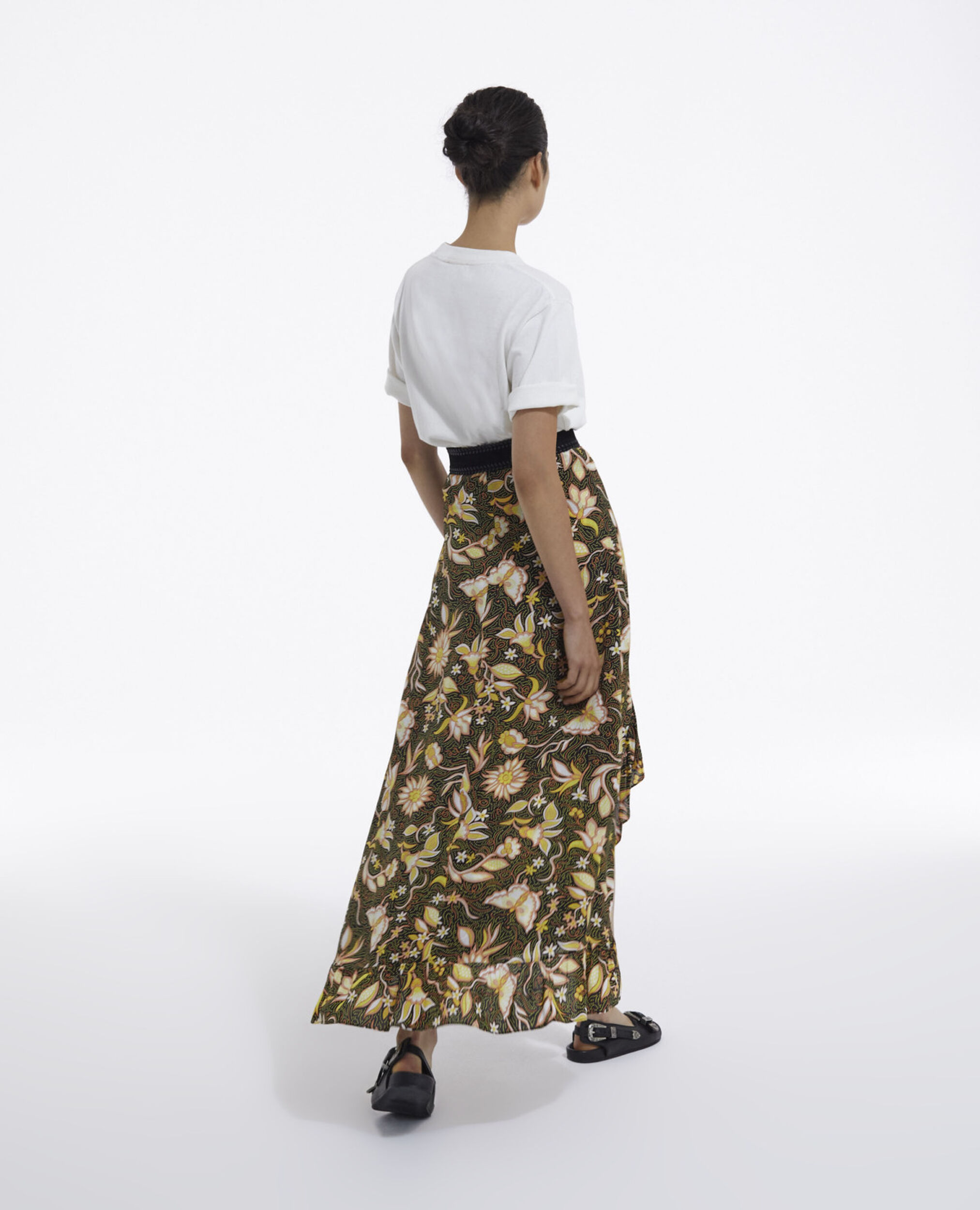 Asymmetric floral frilly skirt, BLACK, hi-res image number null