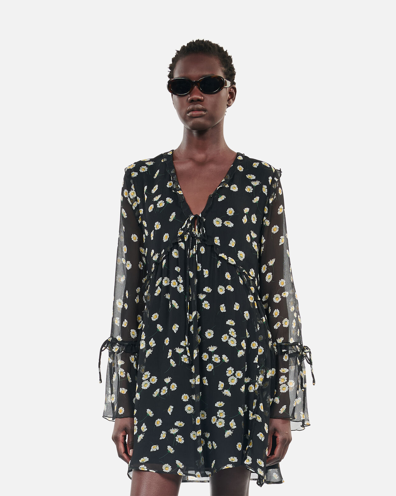 The Kooples WOMEN BLACK WHITE floral printed silk short dress
