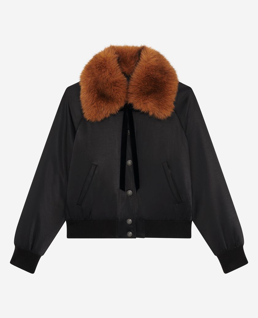 The Kooples WOMEN BLACK black satin fur collar jacket