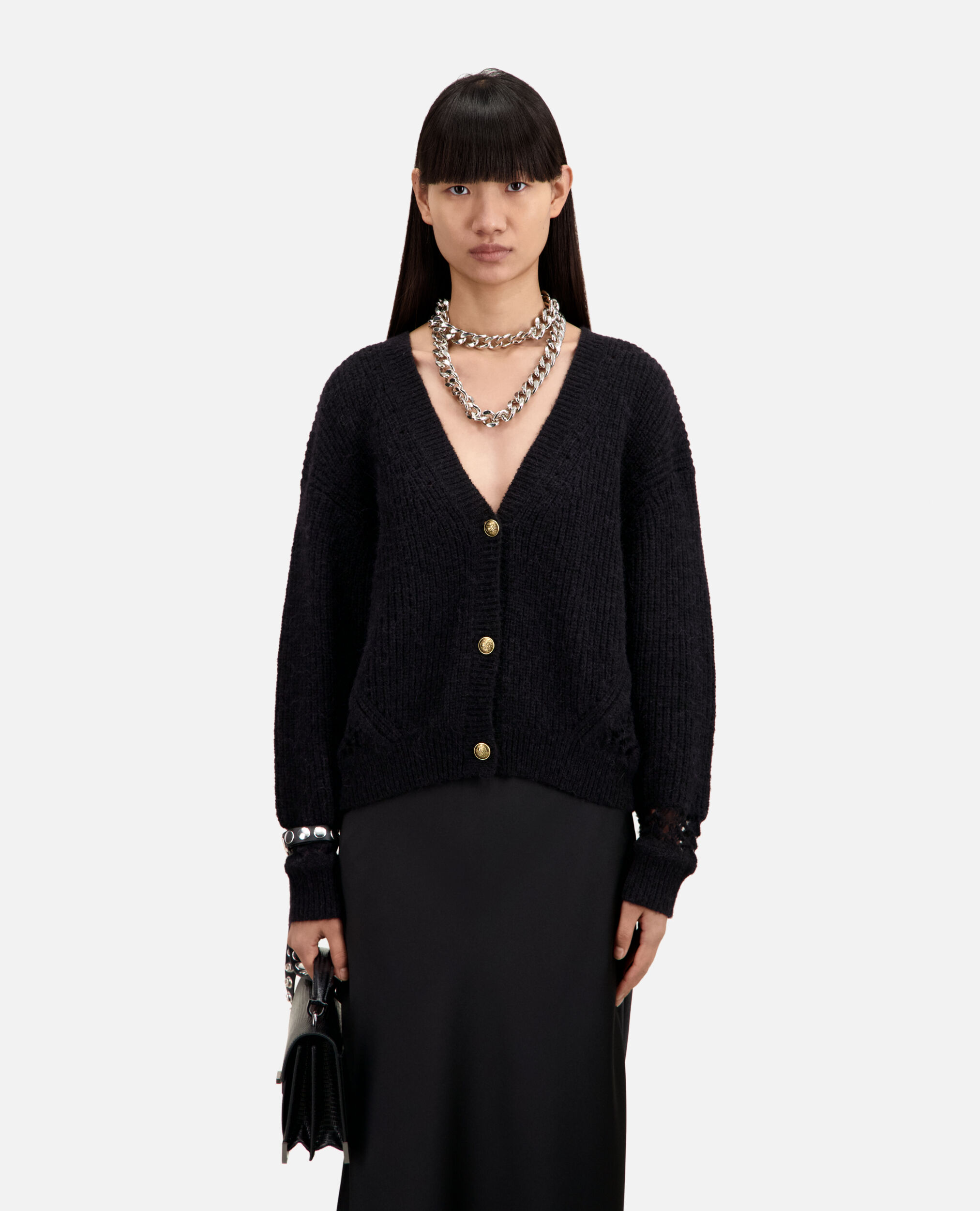 Black wool-blend cardigan, BLACK, hi-res image number null