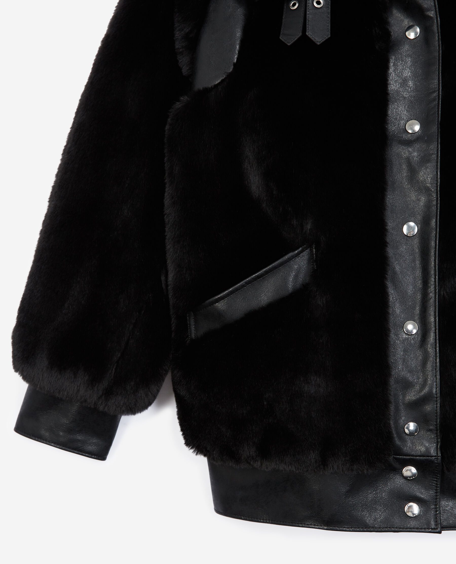 Black faux fur coat with leather detail The Kooples UK
