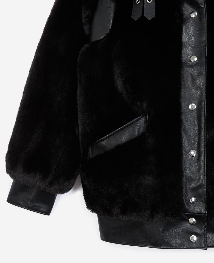 black faux fur coat with leather detail