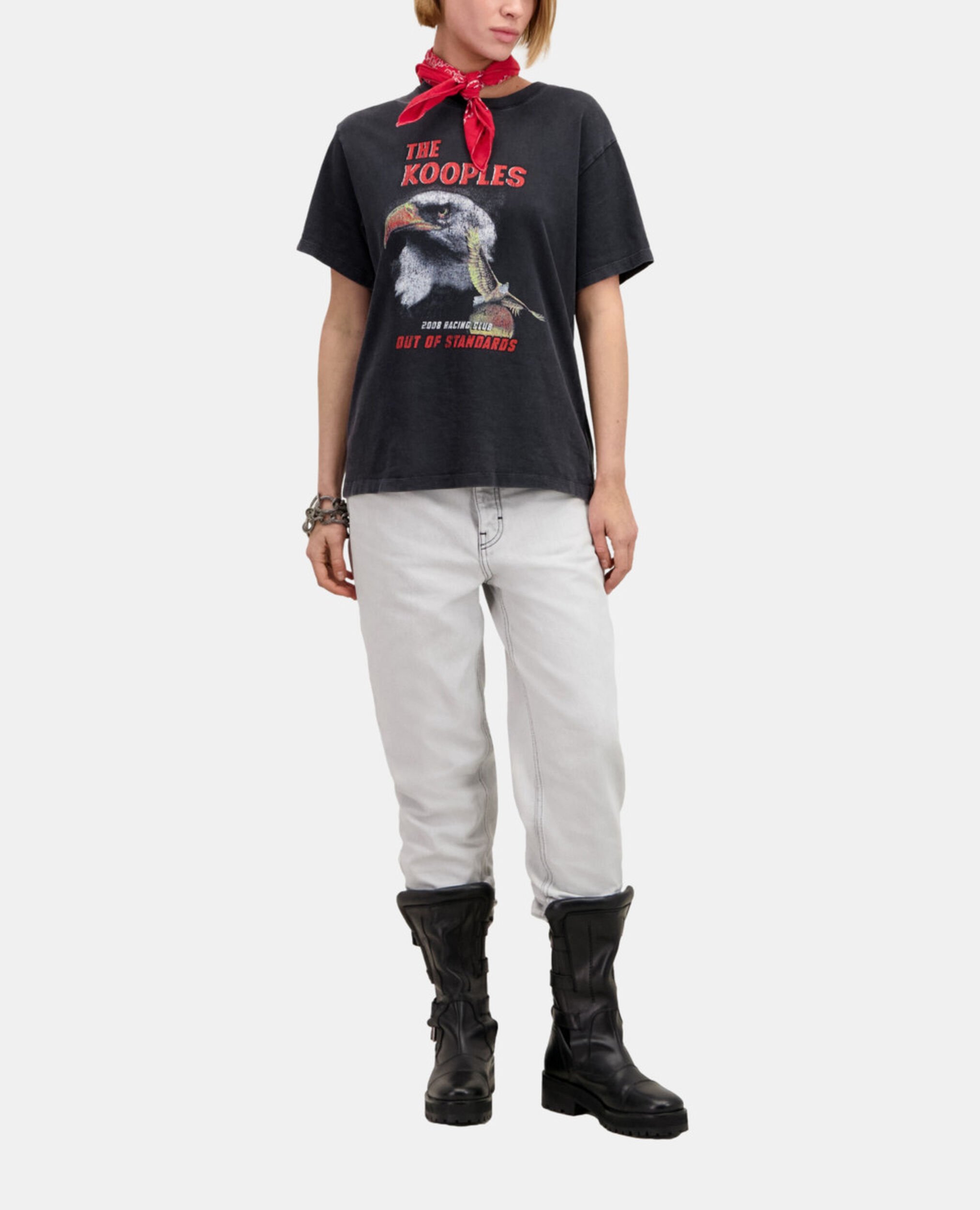 Schwarzes T-Shirt Damen mit „Eagle“-Siebdruck, BLACK WASHED, hi-res image number null