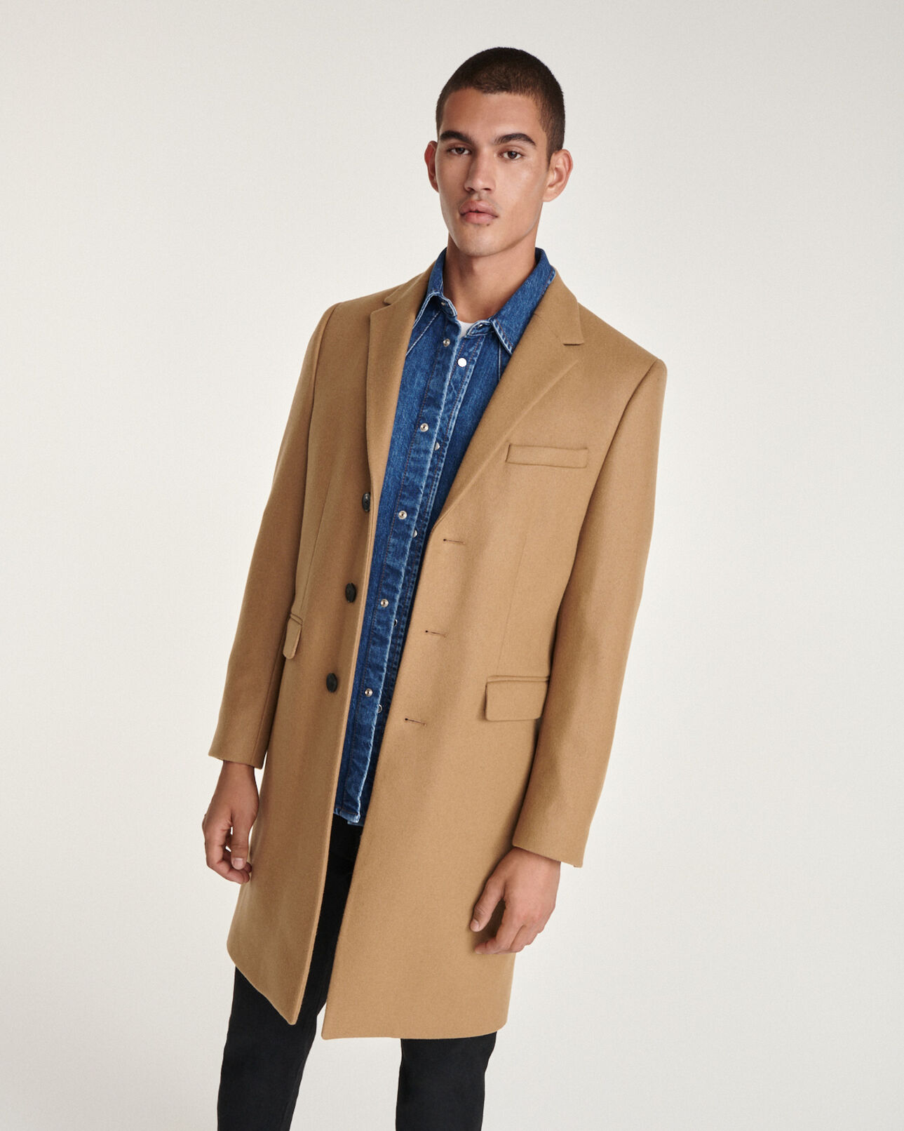 The Kooples HOMME CAMEL manteau laine beige droit à détail cuir