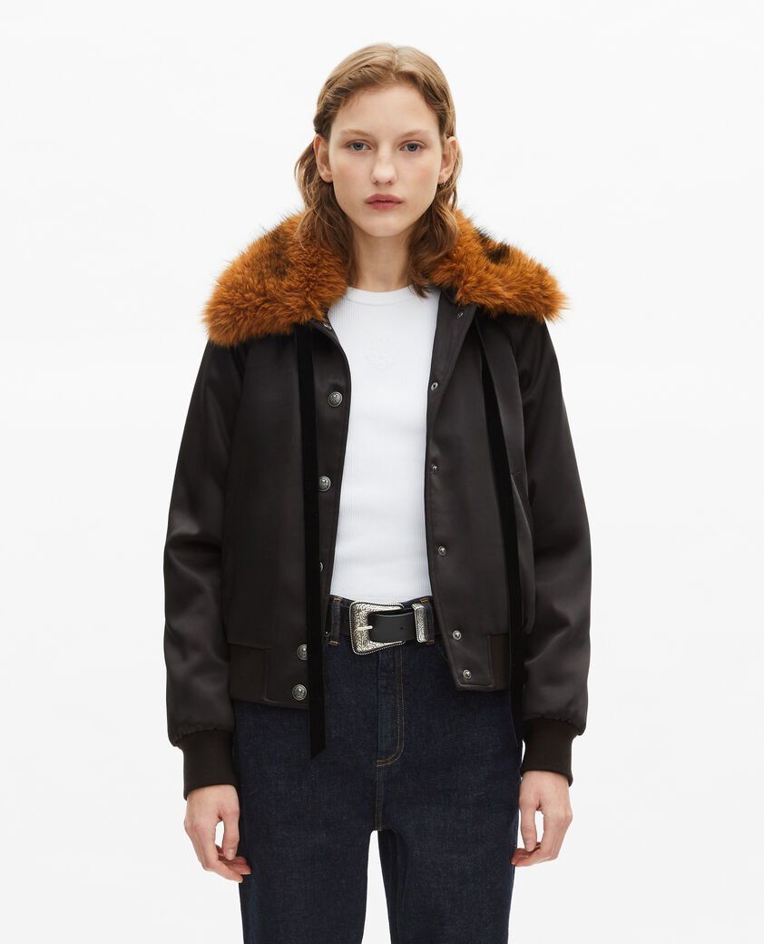 The Kooples WOMEN BLACK black satin fur collar jacket