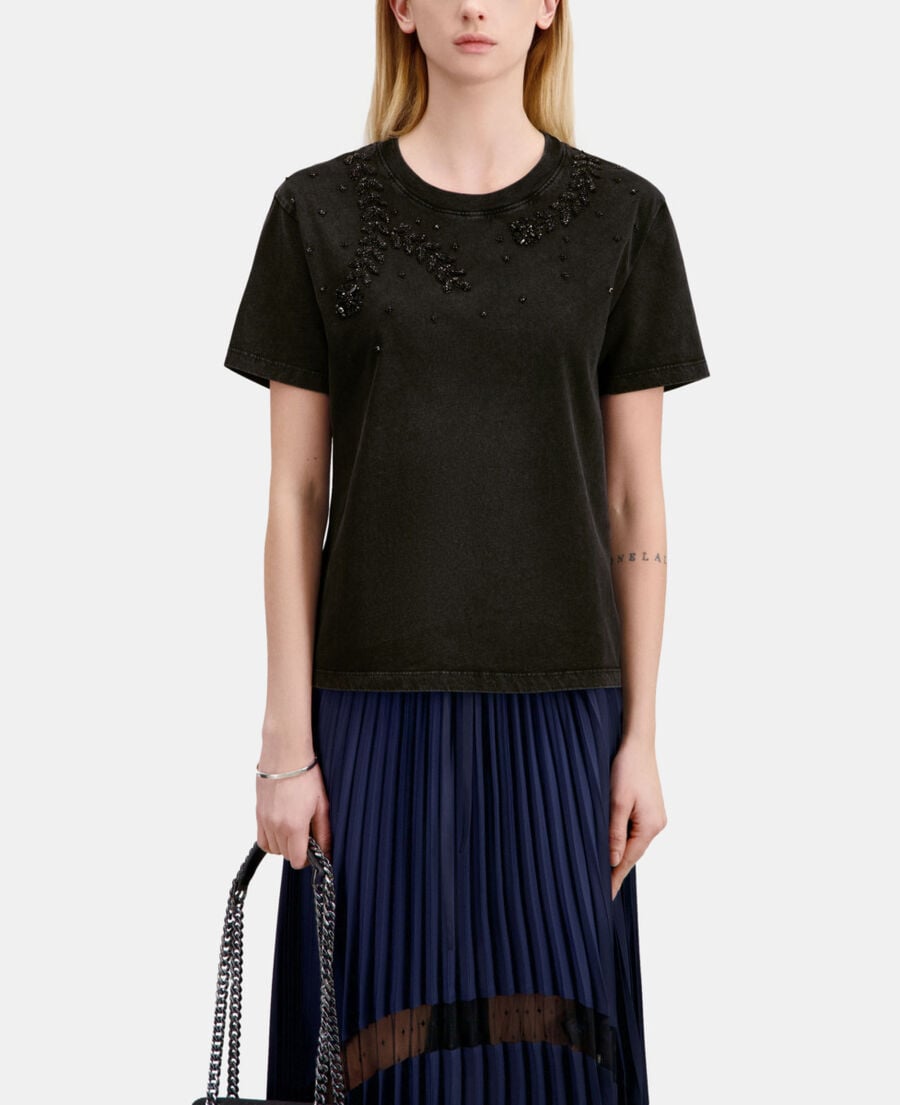 The Kooples F BLACK WASHED black t-shirt with bijou embroidery
