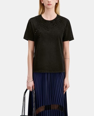 The Kooples F BLACK WASHED black t-shirt with bijou embroidery