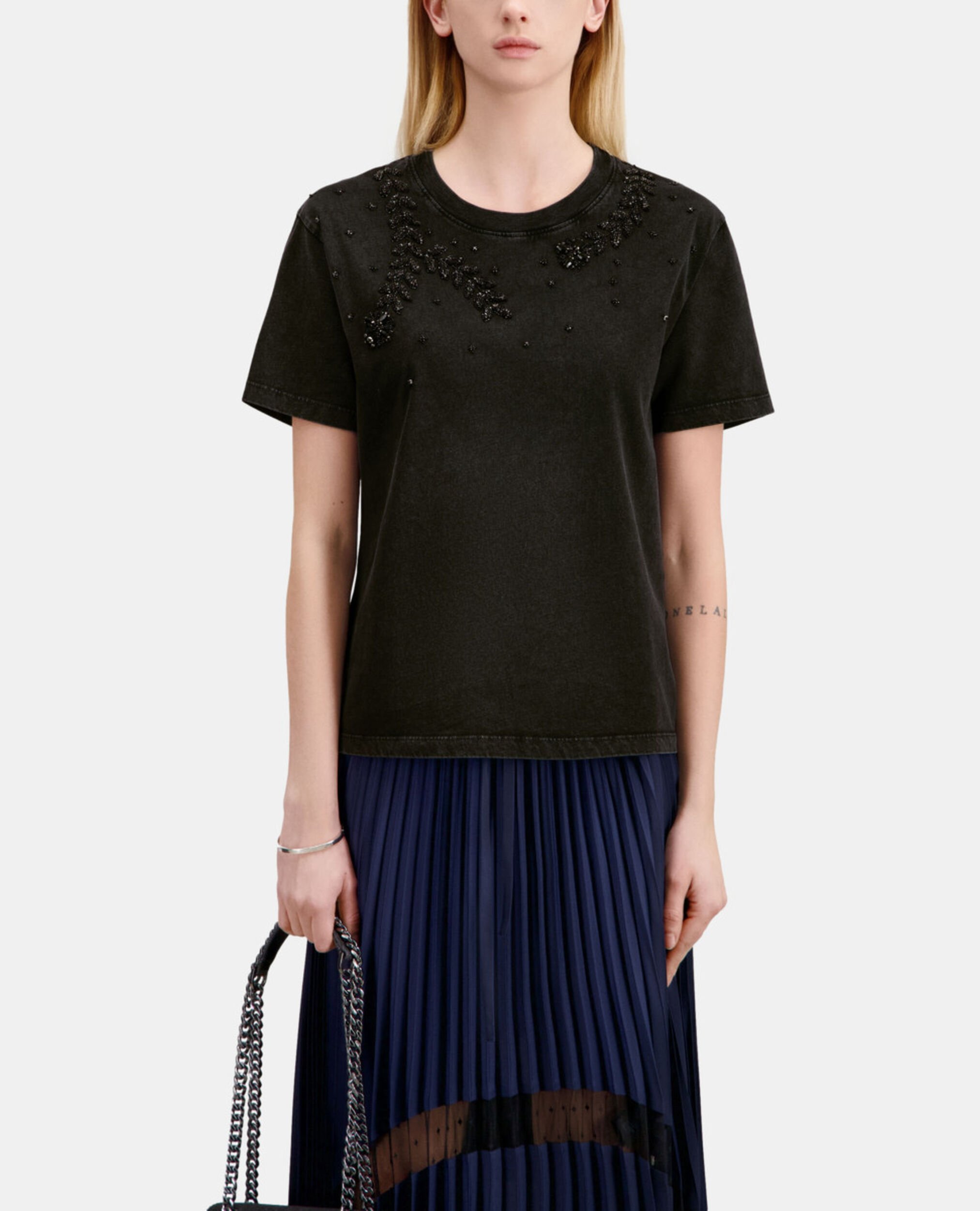 Black t-shirt with bijou embroidery, BLACK WASHED, hi-res image number null