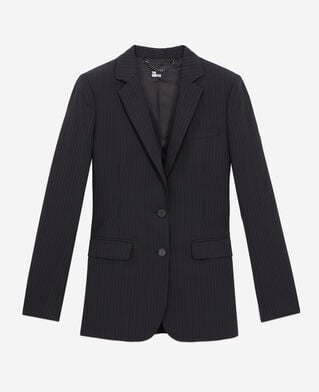 The Kooples FEMME BLACK WHITE veste tailleur noire à rayures en laine mélangée