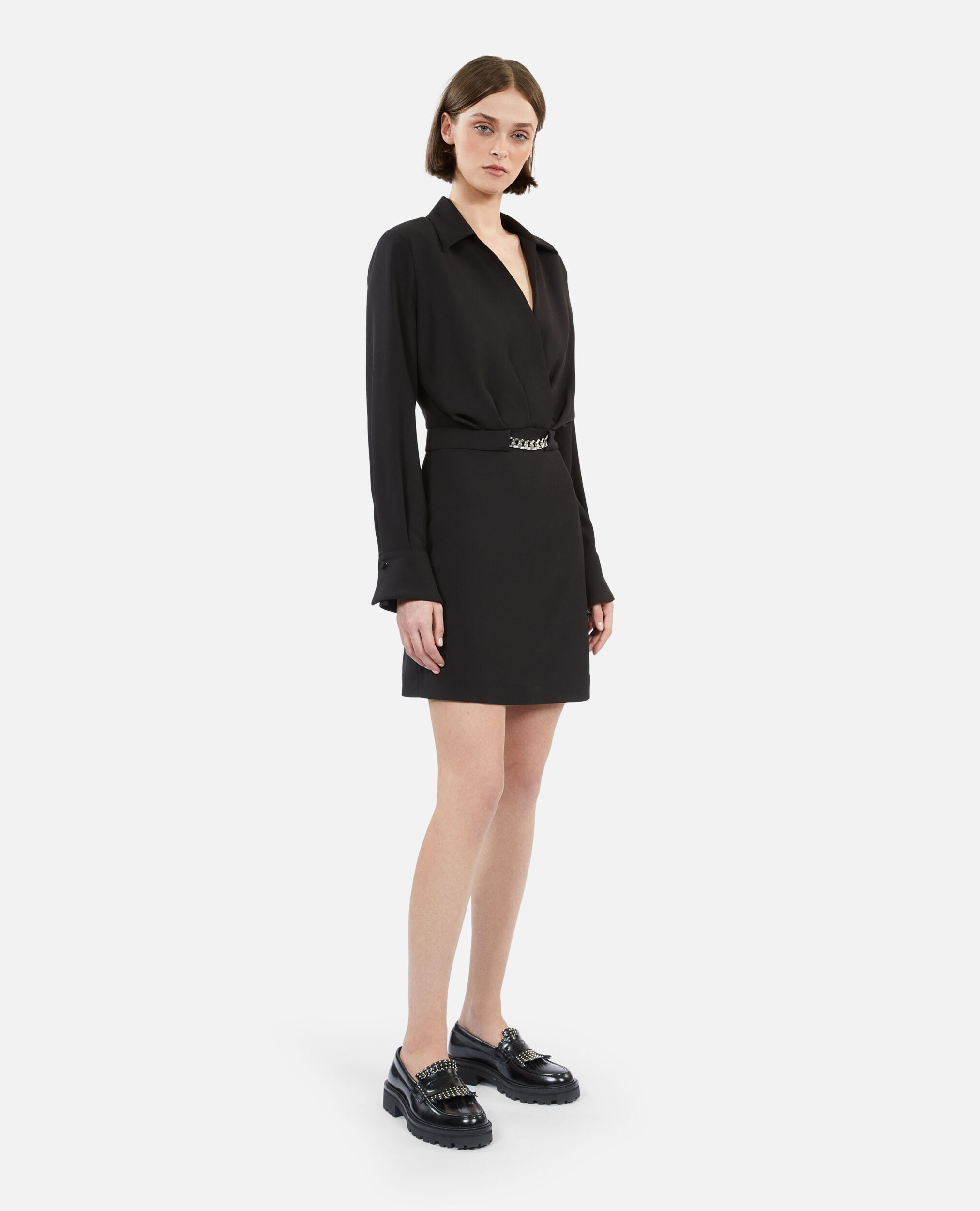Short black crepe dress with chain, BLACK, hi-res image number null