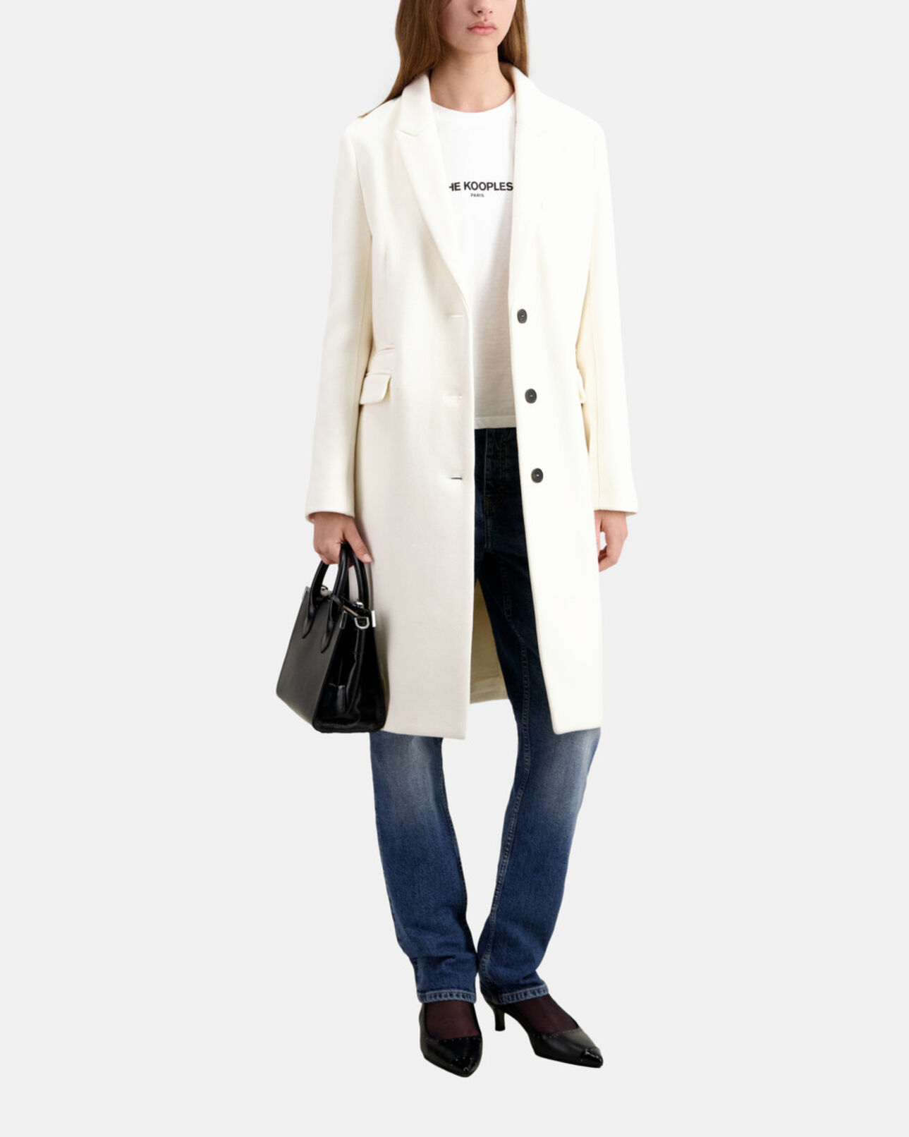The Kooples DAMEN ECRU langer ecrufarbener mantel aus wolle