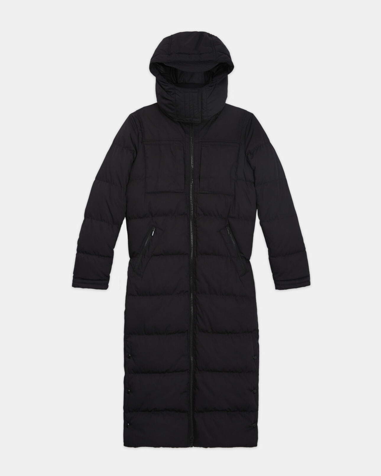 The Kooples WOMEN BLACK long black down jacket with straps and logo