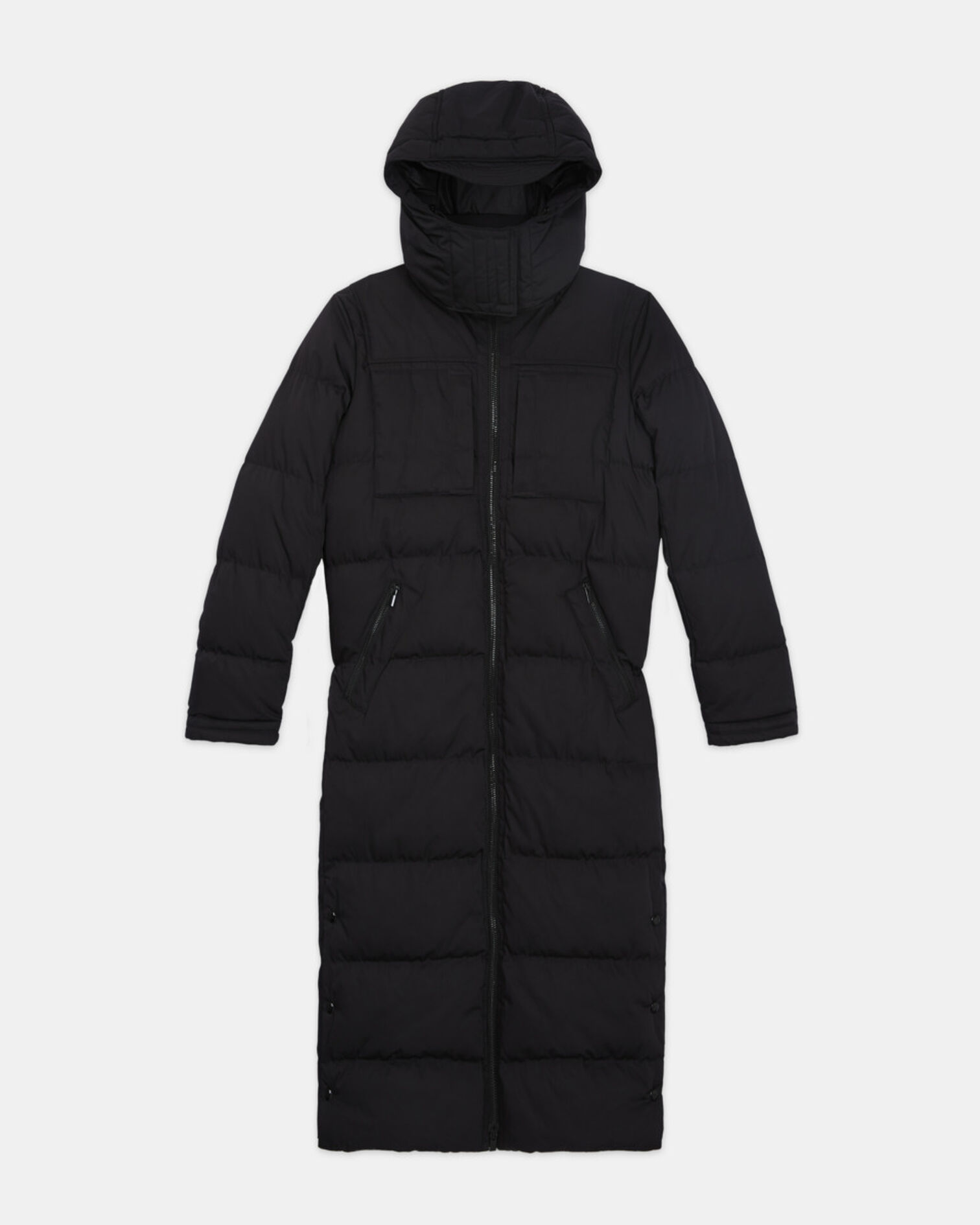 Long black down jacket with straps and logo, BLACK, hi-res image number null