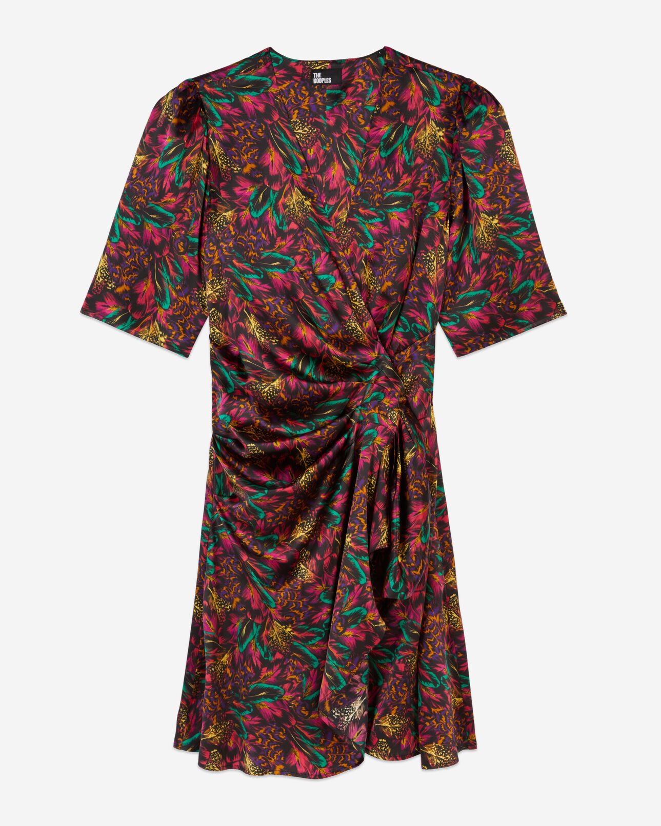 The Kooples WOMEN MULTICOLOR multicolor feather print short sleeve short dress with draping