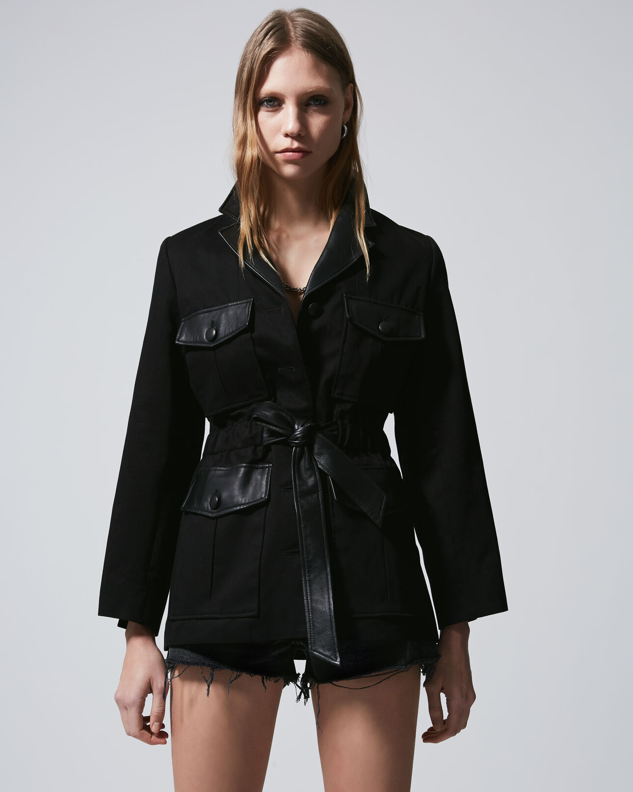 The Kooples MUJER BLACK chaqueta algodón negra bolsillos detalle piel
