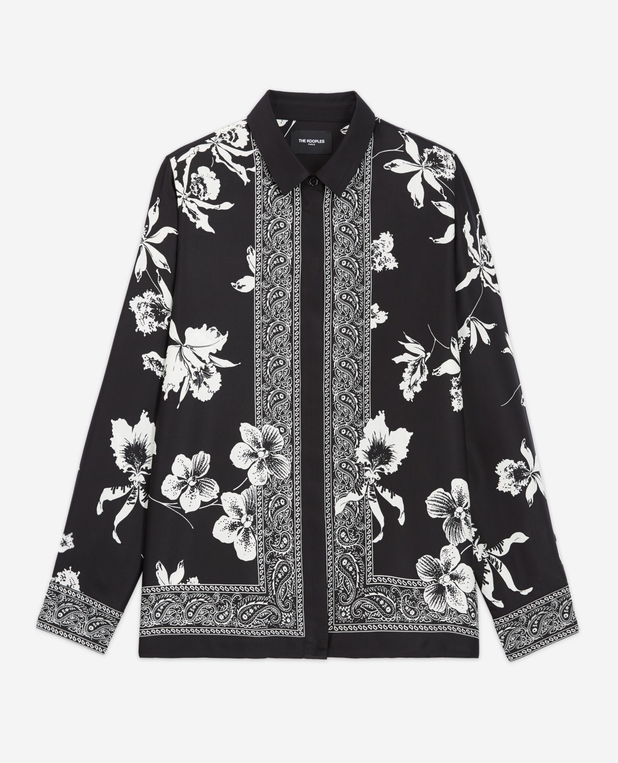 Women's satin formal shirt with floral motif, BLACK WHITE, hi-res image number null