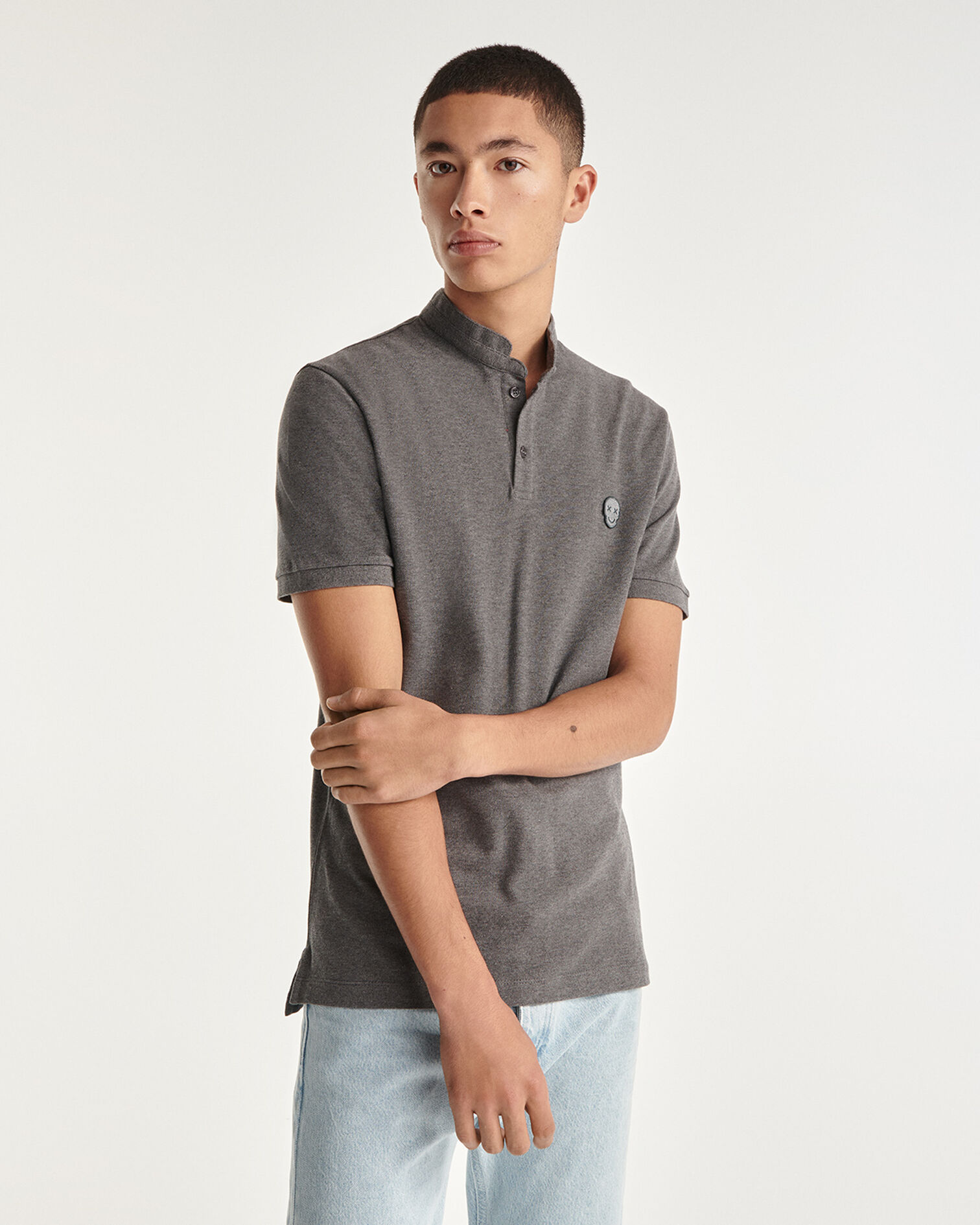 Polo col officier gris en coton, MIDDLE GREY MELANGE, hi-res image number null