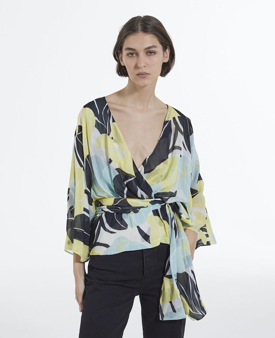 kimono flowing green top with floral print
