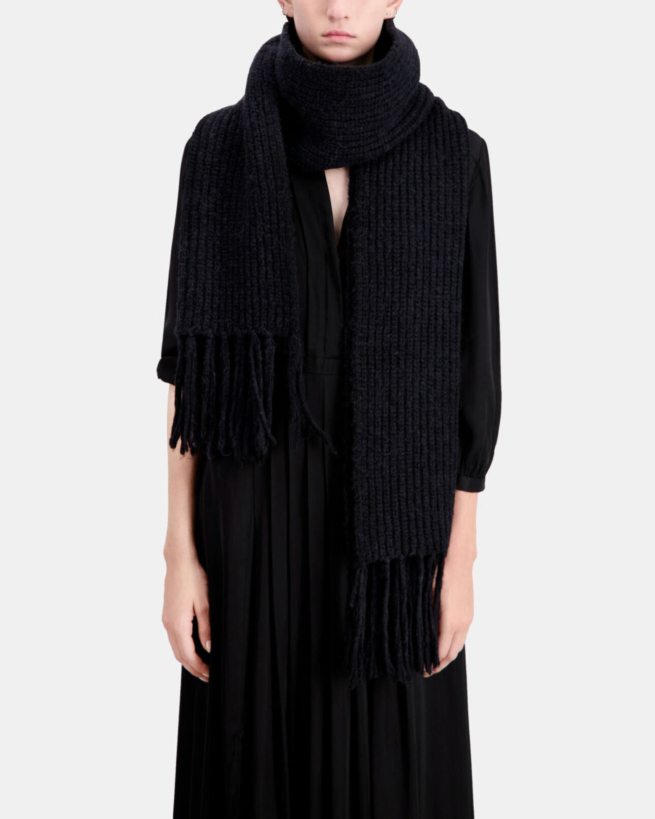 The Kooples WOMEN BLACK black ribbed wool-blend scarf