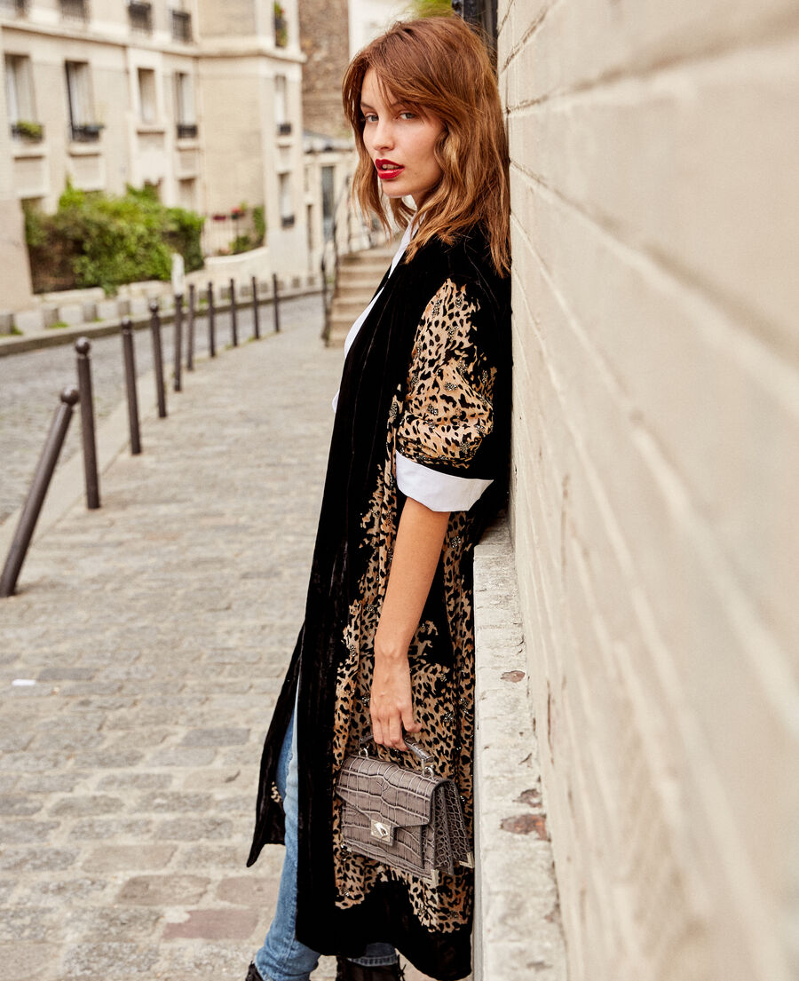 leopard velvet kimono with embroidered pearls