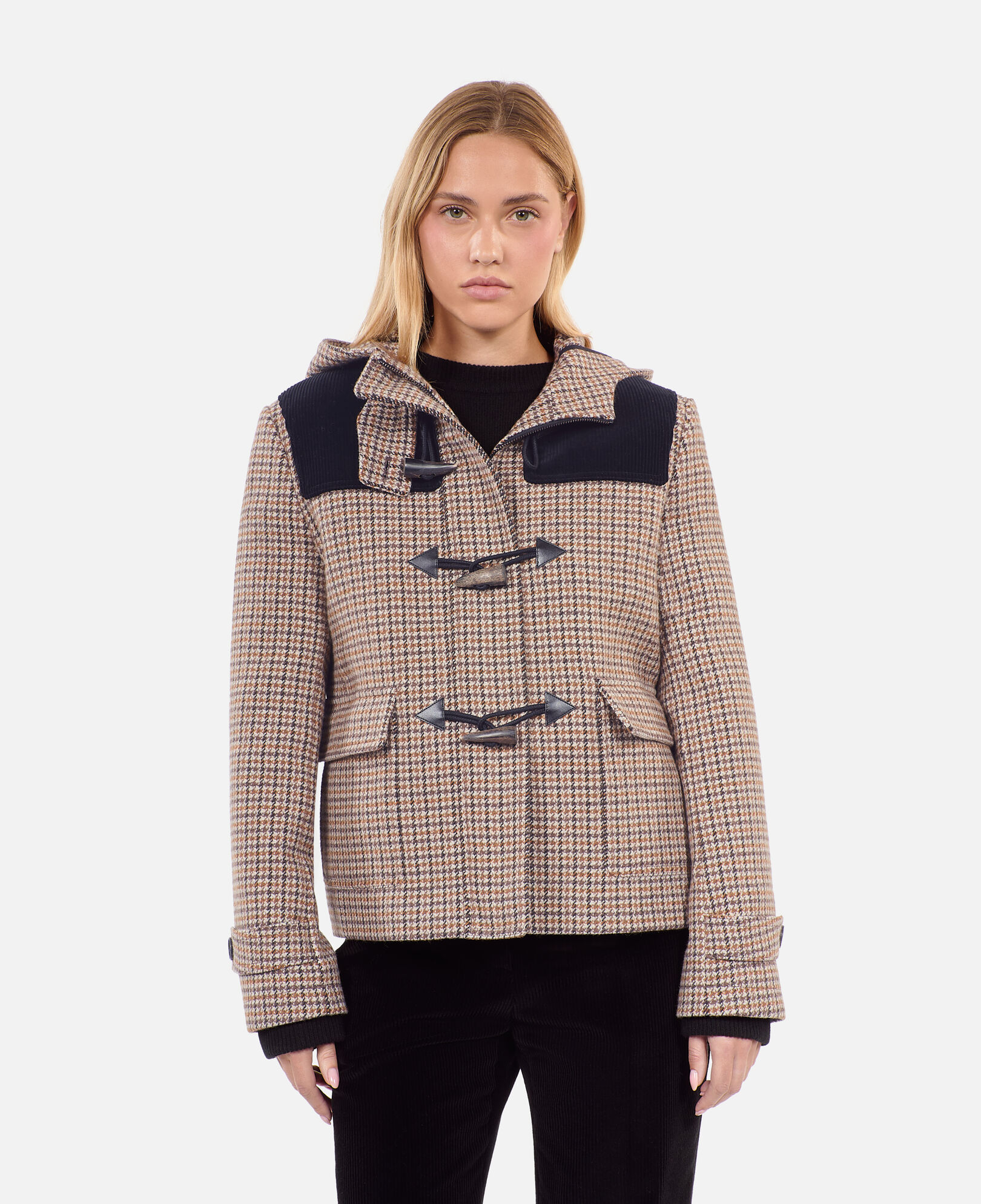 The Kooples WOMEN BEIGE-BROWN beige houndstooth hooded pea coat