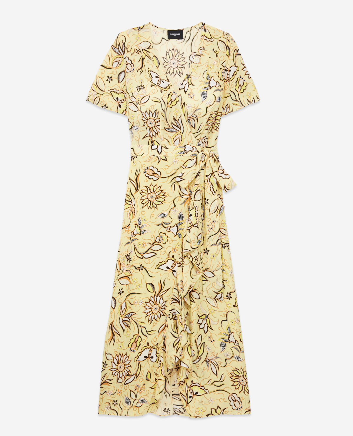 Long yellow wrap dress with floral motif