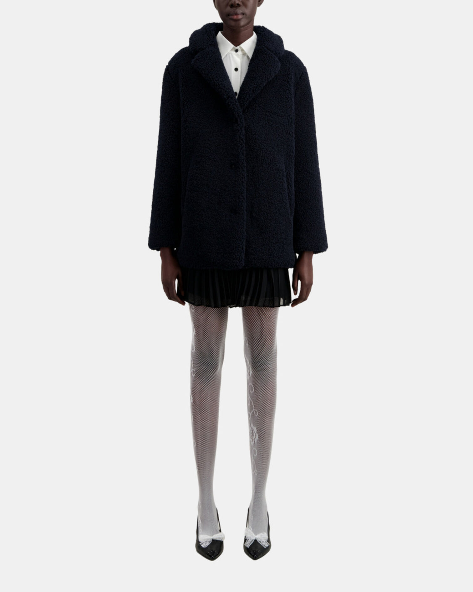 Manteau bleu marine court imitation laine de mouton, NAVY, hi-res image number null
