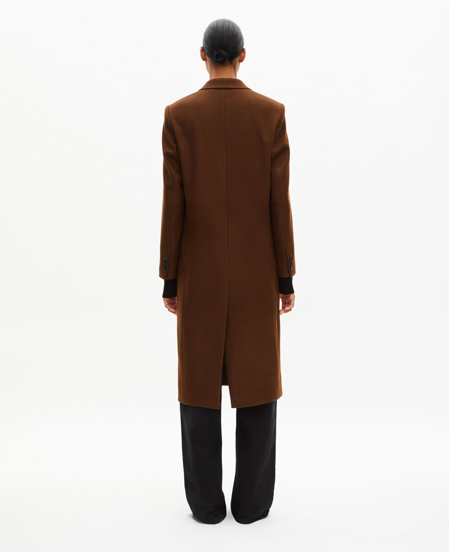 The Kooples WOMEN CHOCOLATE long wool coat with brown leather details